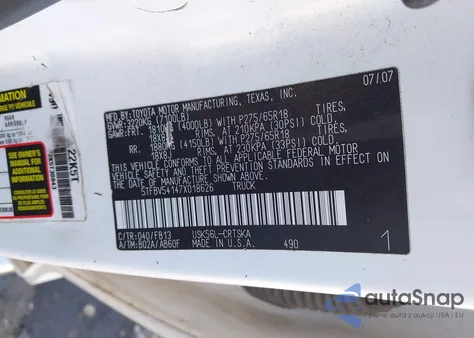 2007 Toyota Tundra Sr5 5.7L V8 from USA, damaged, VIN 5TFBV54147X018626